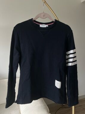 Thom Browne Navy Crewneck Sweatshirt with White Arm Stripes